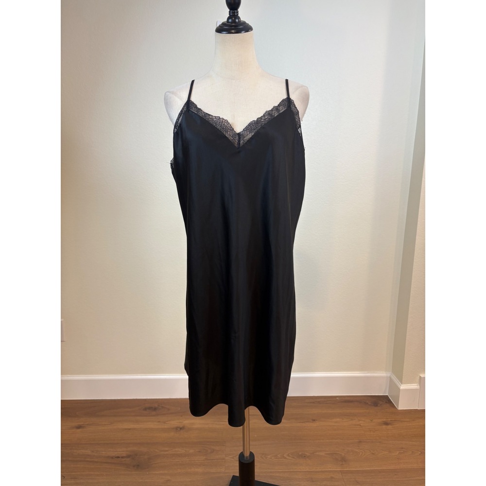 INC Satin Slip Dress XL Black  Lace Trim Lingerie Whimsigoth Romantic Coquette‎